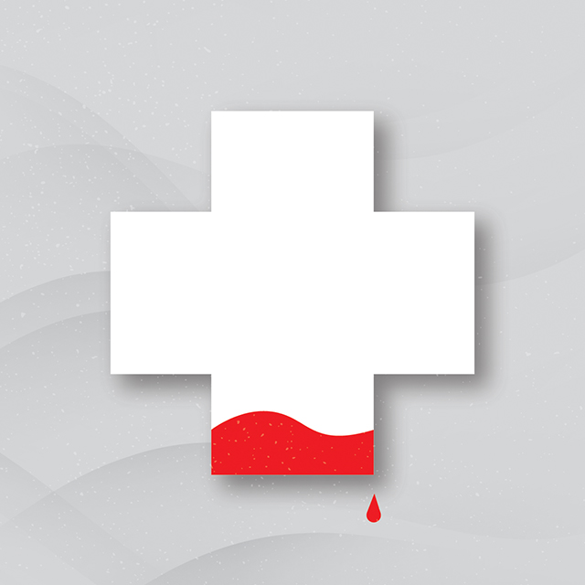 Illustration of an empty red cross, now white. At the bottom of the cross is a small amount of red liquid, representing blood. Under the cross is a drop of red blood.